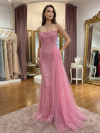 Pink Beaded Strapless Prom Dress Sheath Gown With Tulle Train