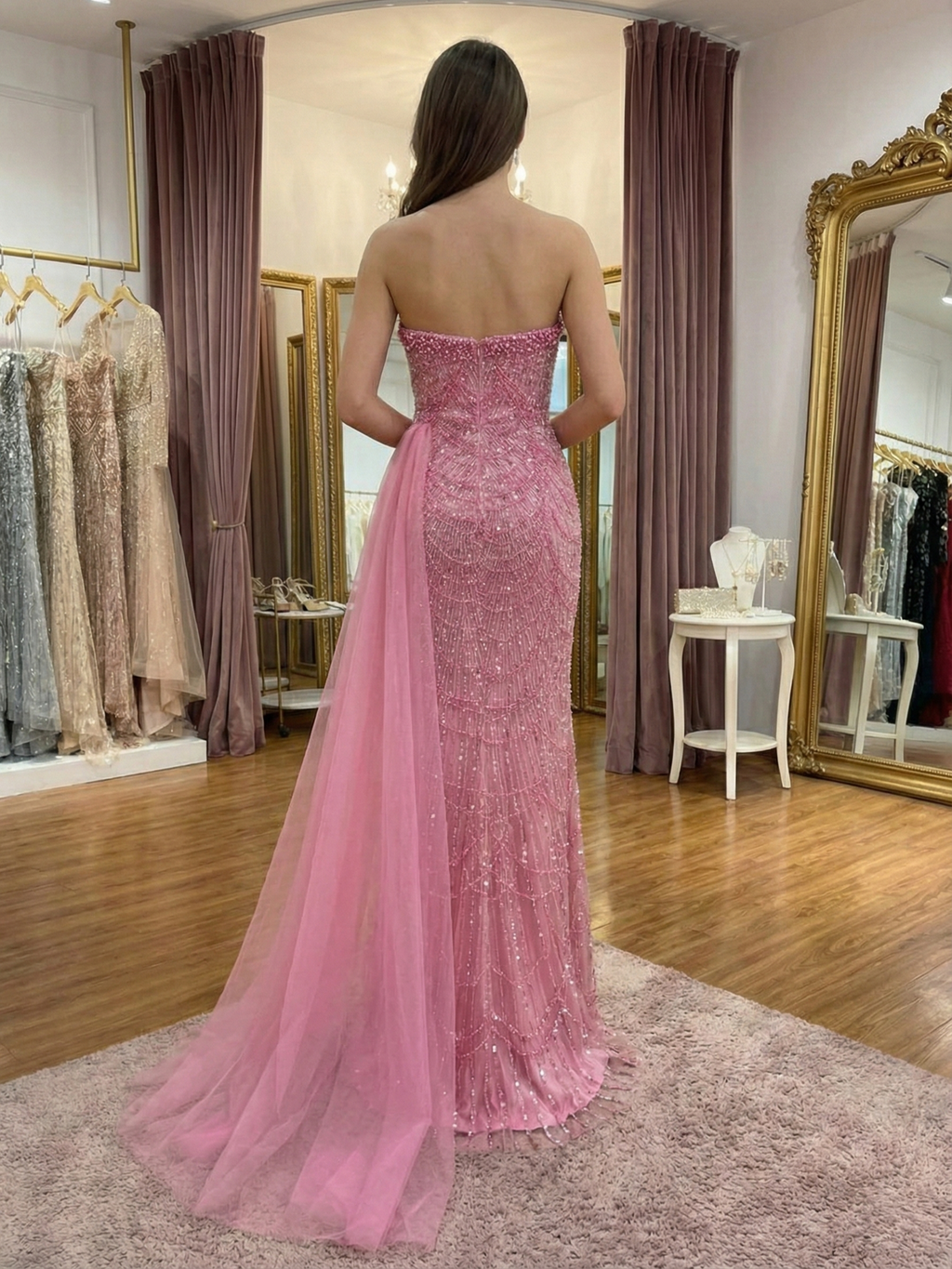 Pink Beaded Strapless Prom Dress Sheath Gown With Tulle Train