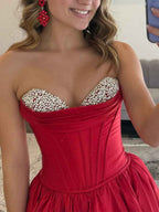 Glamorous Red Satin Strapless Prom Dress With Crystal Bust