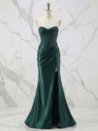 Glamorous Champagne Strapless Crystal Corset Satin Prom Dress With High Slit