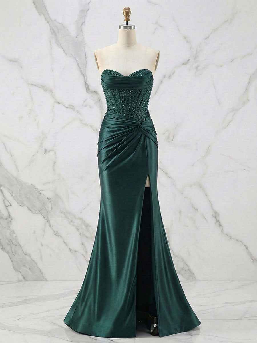 Glamorous Champagne Strapless Crystal Corset Satin Prom Dress With High Slit