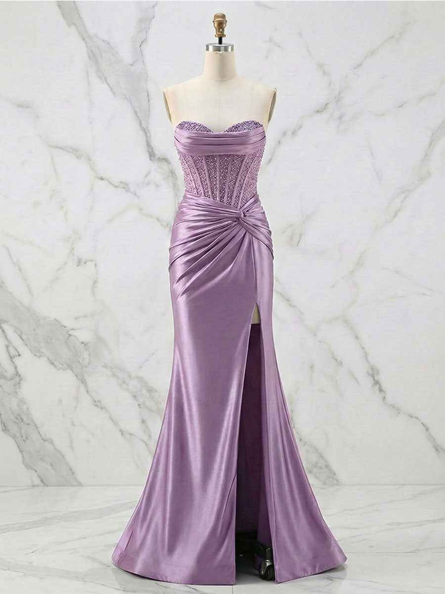 Glamorous Champagne Strapless Crystal Corset Satin Prom Dress With High Slit