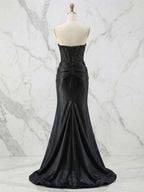 Glamorous Champagne Strapless Crystal Corset Satin Prom Dress With High Slit
