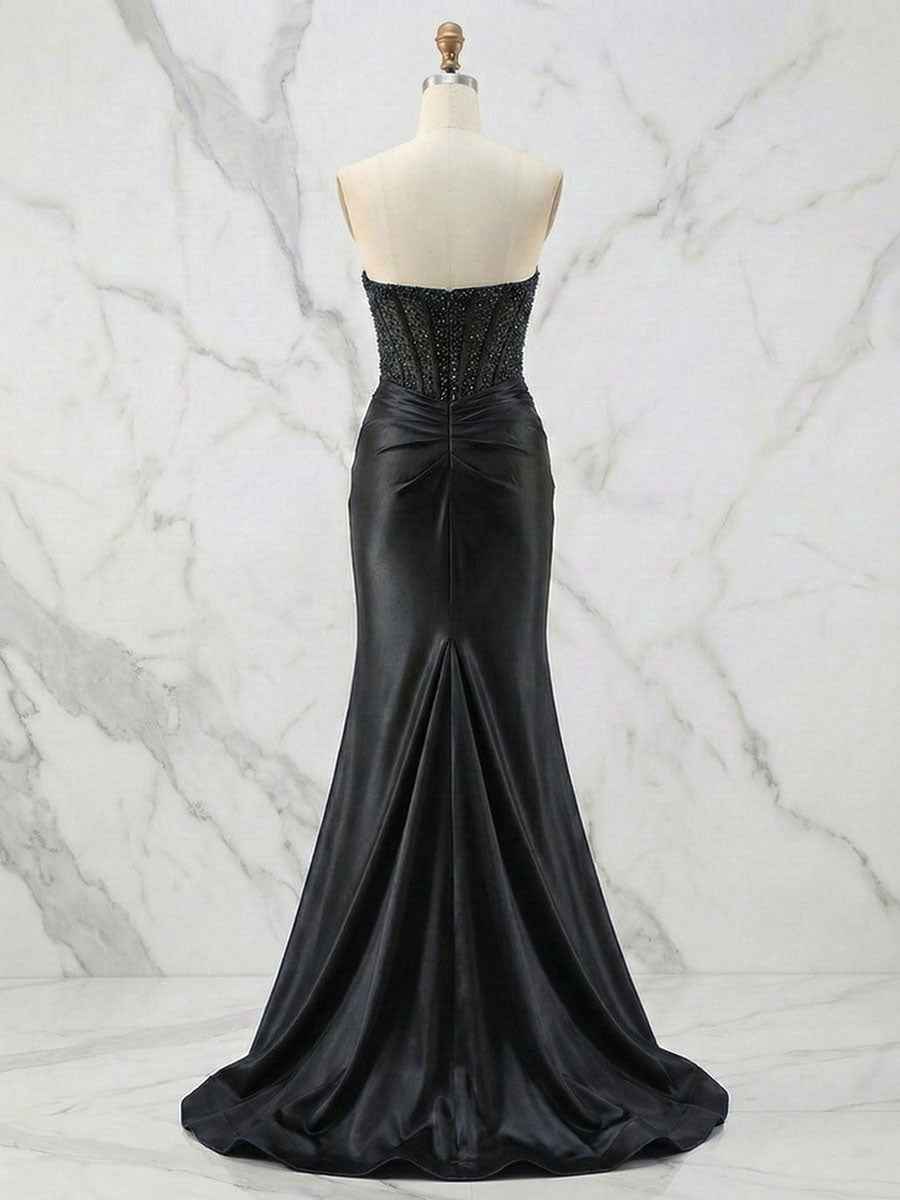 Glamorous Champagne Strapless Crystal Corset Satin Prom Dress With High Slit
