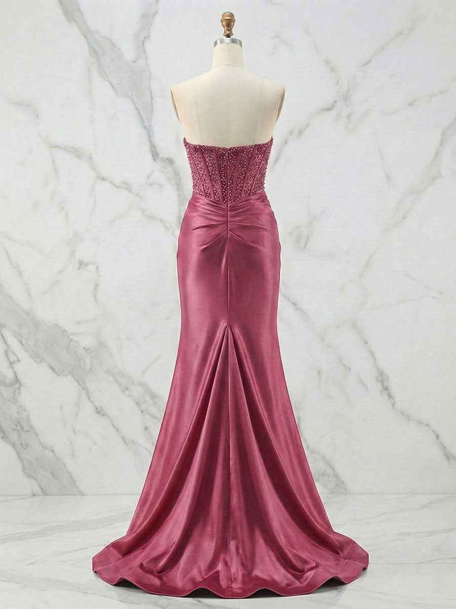 Glamorous Champagne Strapless Crystal Corset Satin Prom Dress With High Slit
