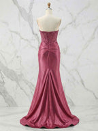 Glamorous Red Strapless Beaded Corset Satin Prom Dress