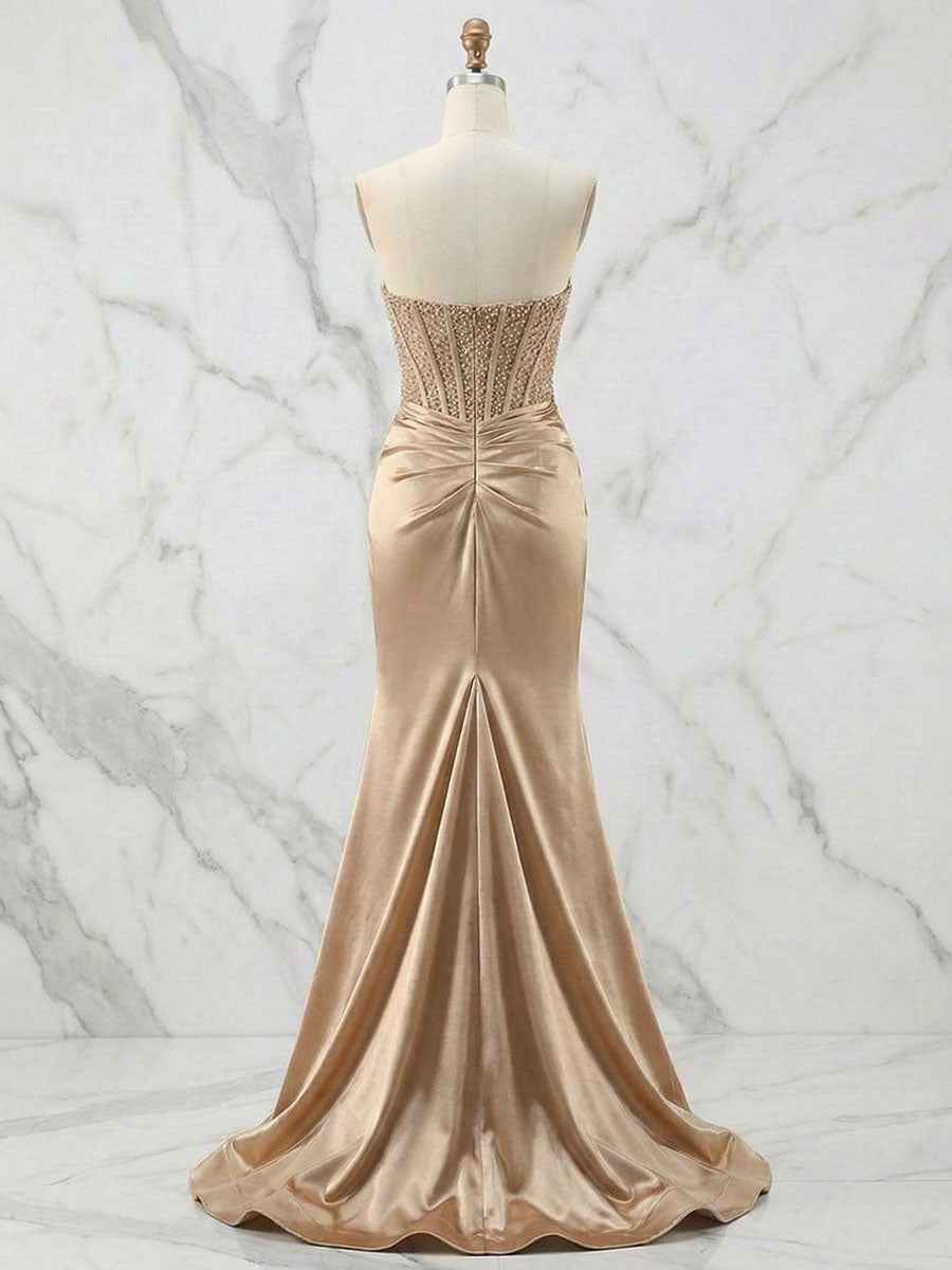Glamorous Red Strapless Beaded Corset Satin Prom Dress