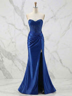 Glamorous Champagne Strapless Crystal Corset Satin Prom Dress With High Slit