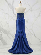 Glamorous Champagne Strapless Crystal Corset Satin Prom Dress With High Slit