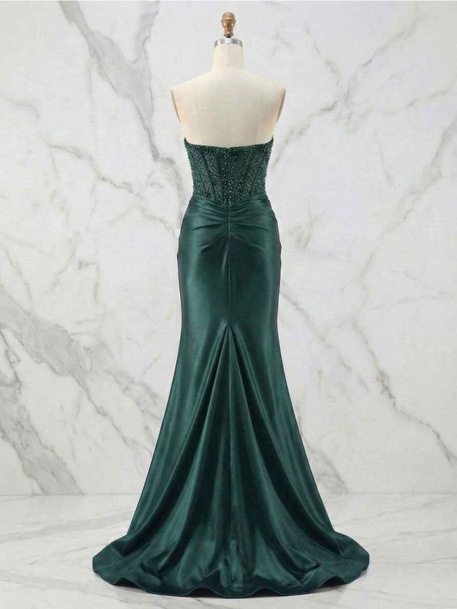 Glamorous Champagne Strapless Crystal Corset Satin Prom Dress With High Slit