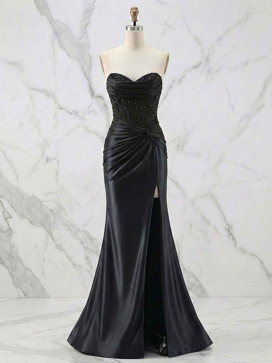 Glamorous Champagne Strapless Crystal Corset Satin Prom Dress With High Slit