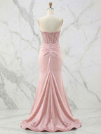 Glamorous Champagne Strapless Crystal Corset Satin Prom Dress With High Slit