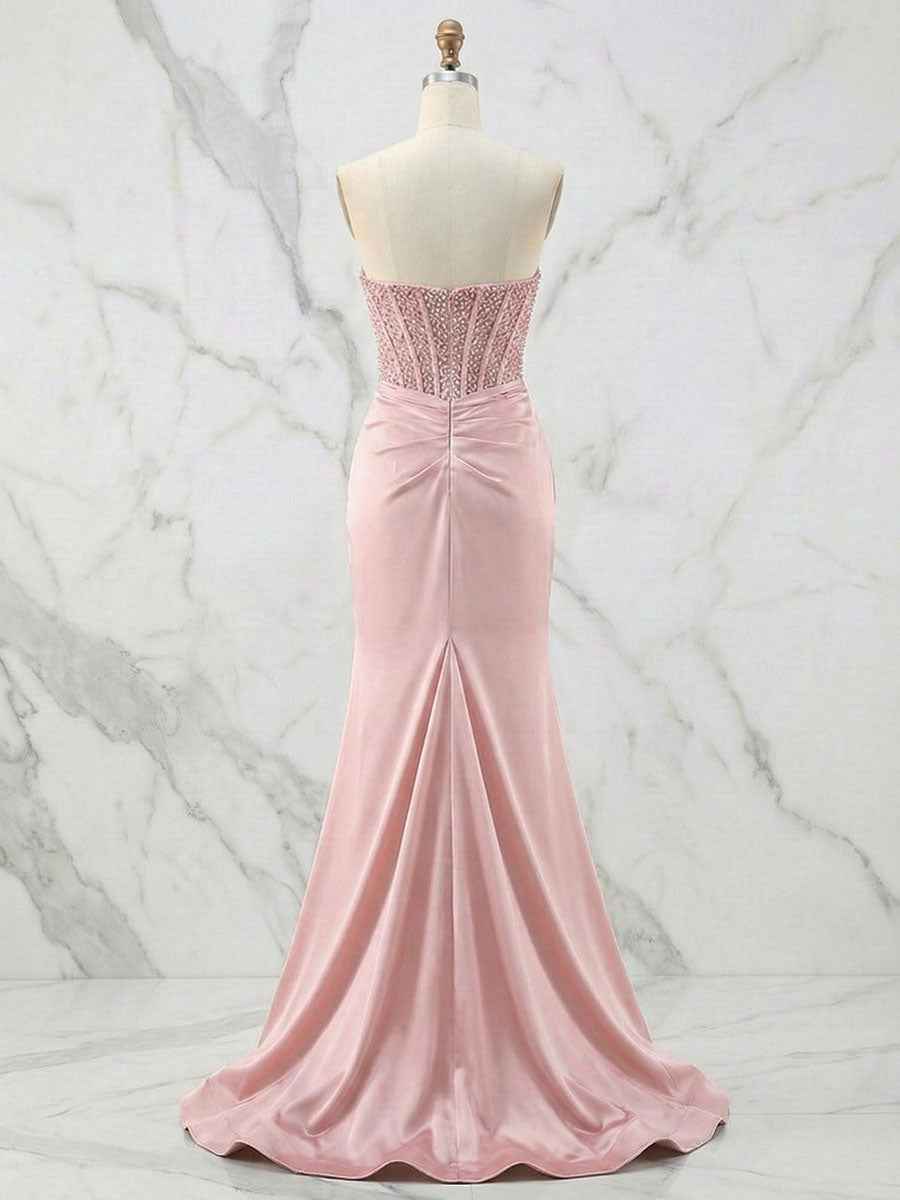 Glamorous Red Strapless Beaded Corset Satin Prom Dress