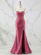 Glamorous Champagne Strapless Crystal Corset Satin Prom Dress With High Slit