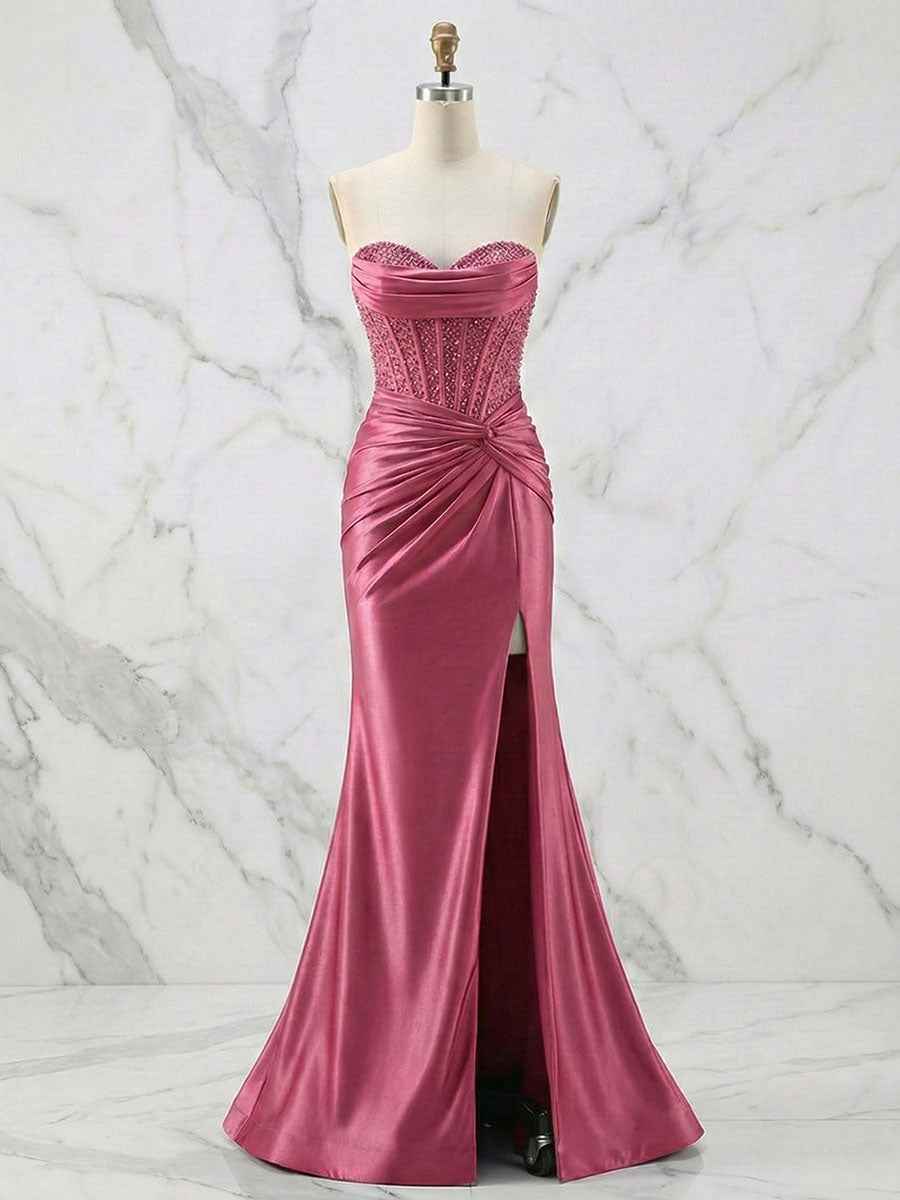 Glamorous Champagne Strapless Crystal Corset Satin Prom Dress With High Slit