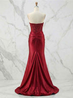 Glamorous Champagne Strapless Crystal Corset Satin Prom Dress With High Slit
