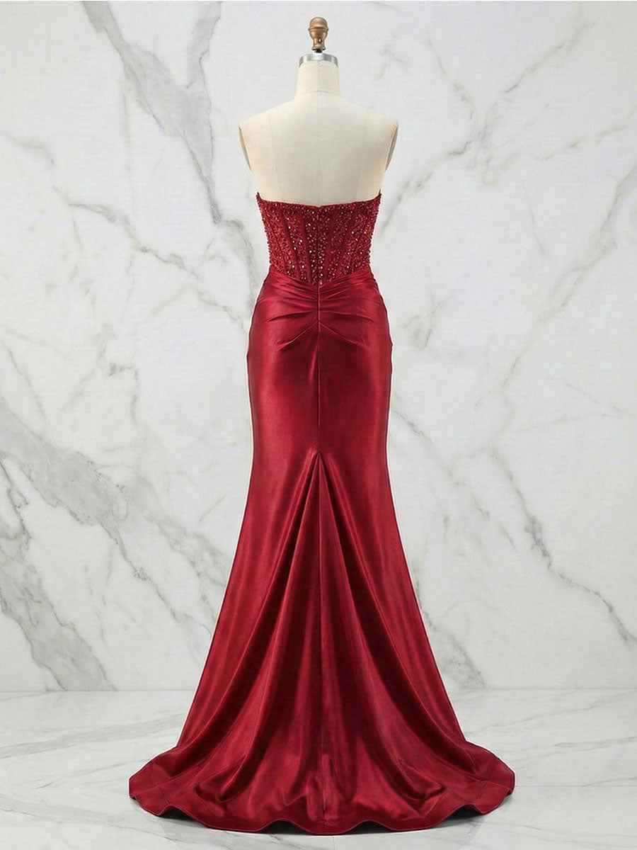 Glamorous Red Strapless Beaded Corset Satin Prom Dress