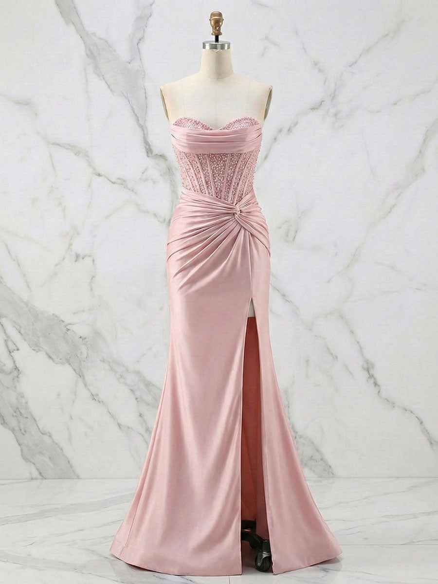 Glamorous Champagne Strapless Crystal Corset Satin Prom Dress With High Slit