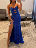 Royal Blue Strapless Beaded Prom Dress With Cutout Bodice