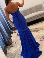 Royal Blue Strapless Beaded Prom Dress With Cutout Bodice
