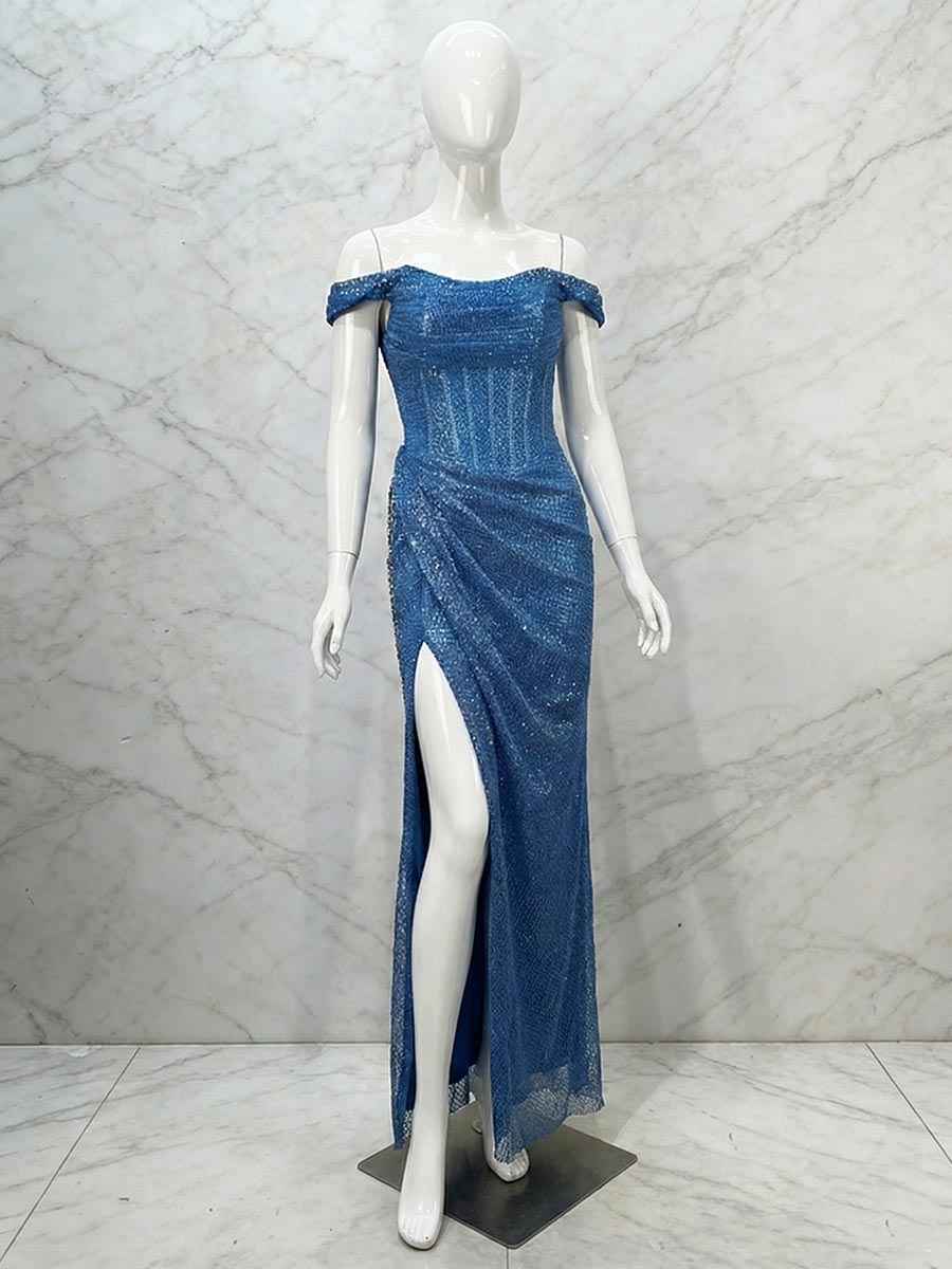 Glamorous Royal Blue Sequin Off The Shoulder Corset Prom Dress With Slit