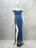 Glamorous Royal Blue Sequin Off The Shoulder Corset Prom Dress With Slit