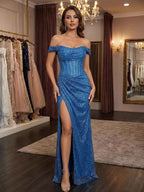 Glamorous Royal Blue Sequin Off The Shoulder Corset Prom Dress With Slit