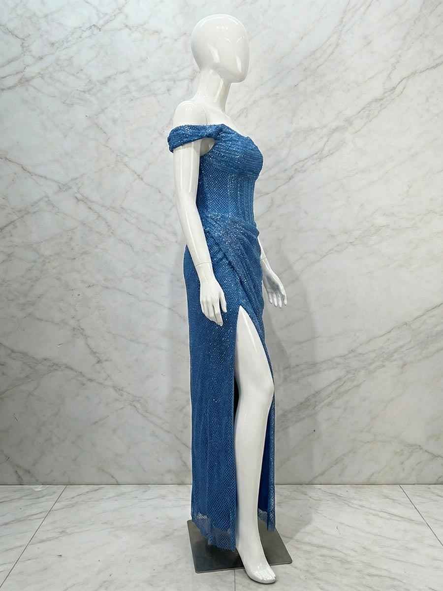 Glamorous Royal Blue Sequin Off The Shoulder Corset Prom Dress With Slit