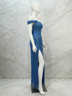 Glamorous Royal Blue Sequin Off The Shoulder Corset Prom Dress With Slit