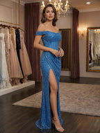 Glamorous Royal Blue Sequin Off The Shoulder Corset Prom Dress With Slit