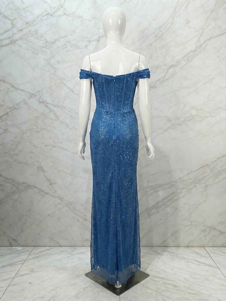 Glamorous Royal Blue Sequin Off The Shoulder Corset Prom Dress With Slit