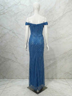 Glamorous Royal Blue Sequin Off The Shoulder Corset Prom Dress With Slit