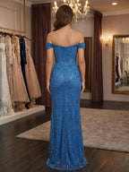 Glamorous Royal Blue Sequin Off The Shoulder Corset Prom Dress With Slit