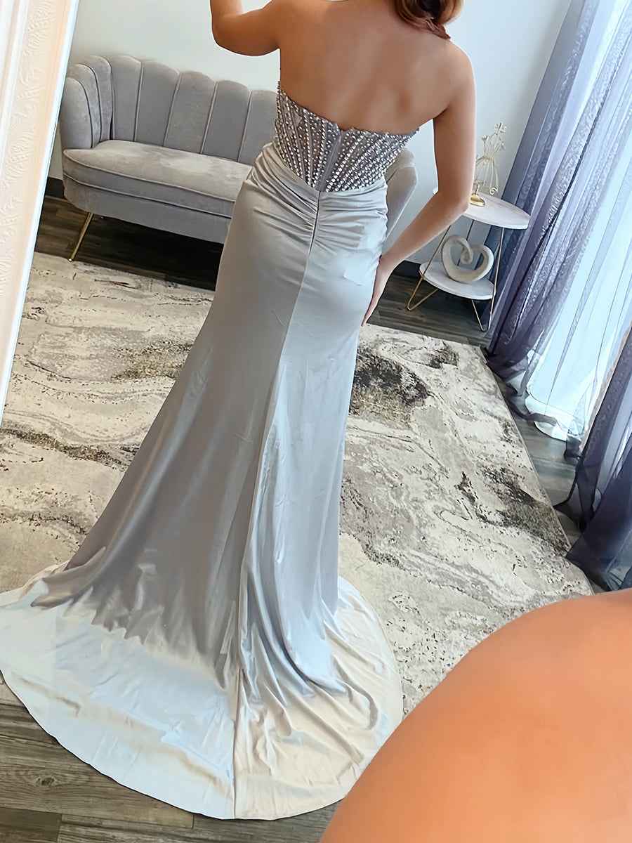 Glamorous Silver Strapless Crystal Corset Satin Prom Dress With High Slit