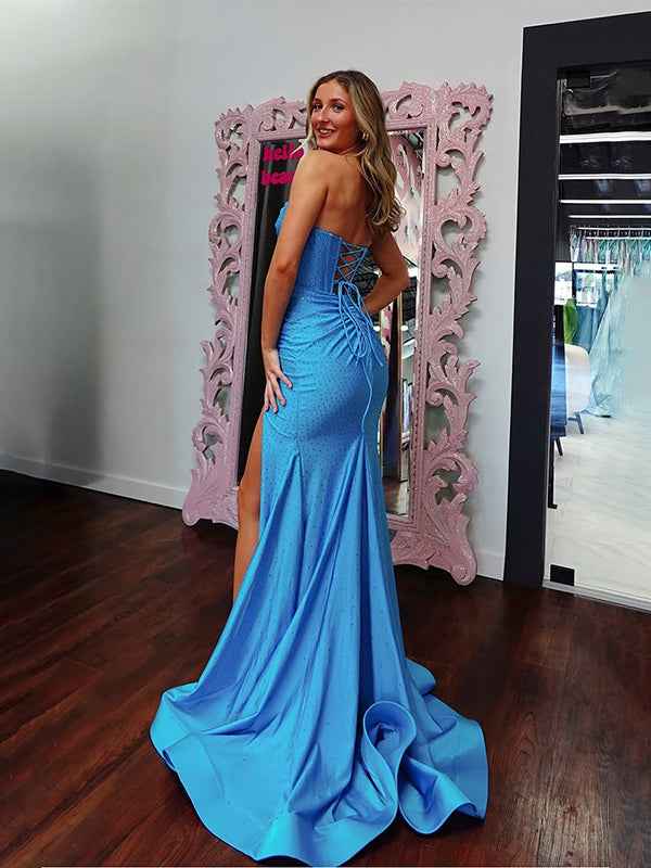 Glitter Blue Mermaid Strapless Satin Prom Dress With Slit