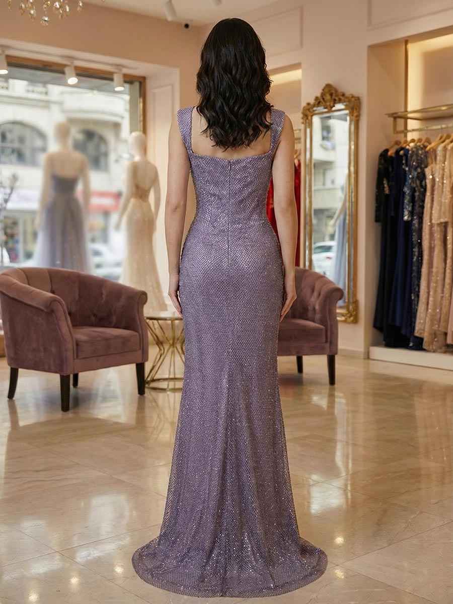 Lavender Off The Shoulder Shimmer Ruched Prom Dress With Slit
