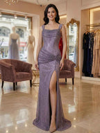 Lavender Off The Shoulder Shimmer Ruched Prom Dress With Slit