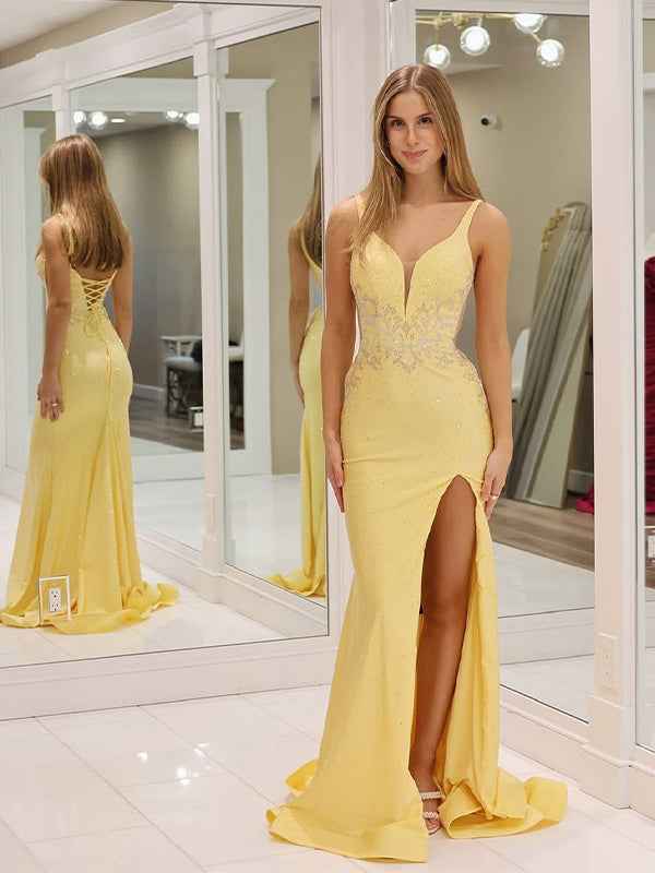 Glitter Yellow Mermaid Satin V Neck Prom Dress With Slit