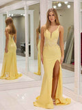 Glitter Yellow Mermaid Satin V Neck Prom Dress With Slit