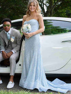Glitter Blue Mermaid Strapless Sweetheart Long Prom Dress