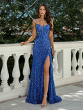 Royal Blue Sequin Bodycon Prom Dress With Corset Bodice And Slit