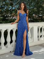 Royal Blue Sequin Bodycon Prom Dress With Corset Bodice And Slit
