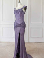 Lavender Off The Shoulder Shimmer Ruched Prom Dress With Slit