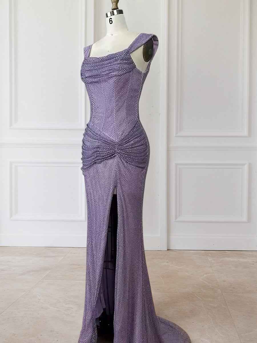 Lavender Off The Shoulder Shimmer Ruched Prom Dress With Slit
