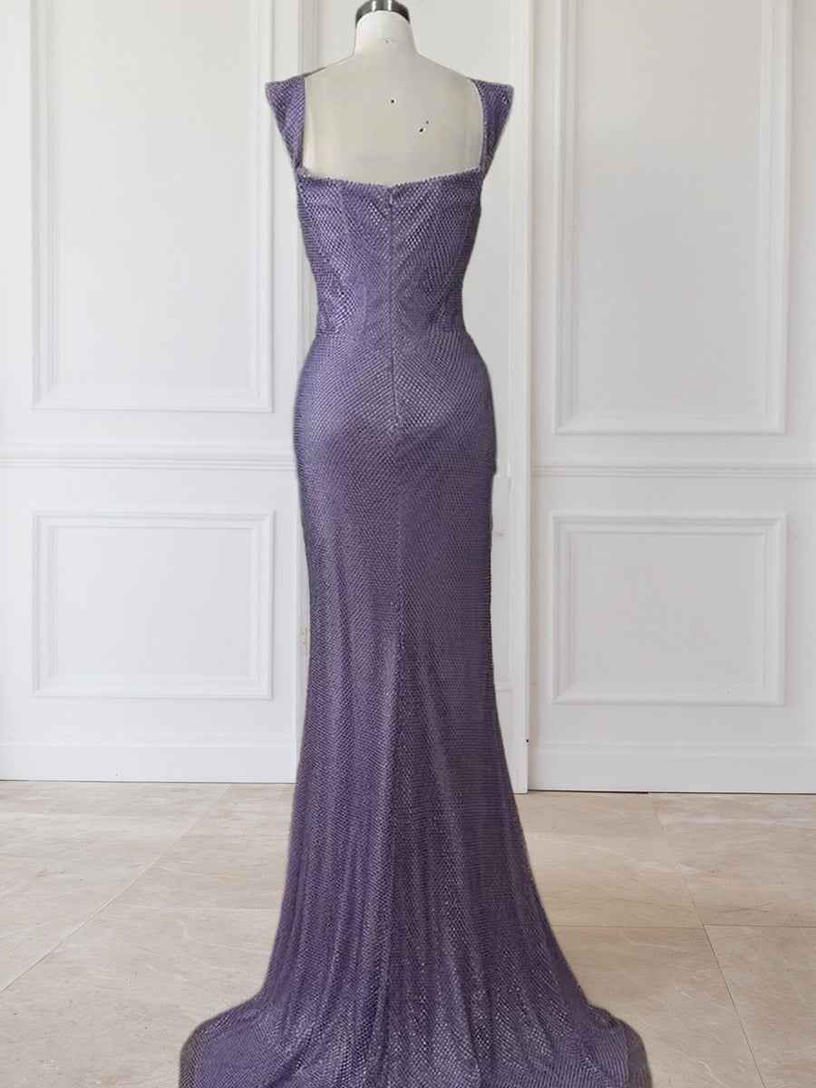 Lavender Off The Shoulder Shimmer Ruched Prom Dress With Slit
