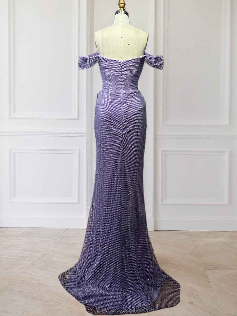 Lavender Off The Shoulder Shimmer Ruched Prom Dress With Slit