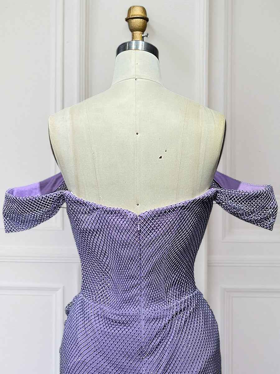 Lavender Off The Shoulder Shimmer Ruched Prom Dress With Slit