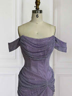 Lavender Off The Shoulder Shimmer Ruched Prom Dress With Slit