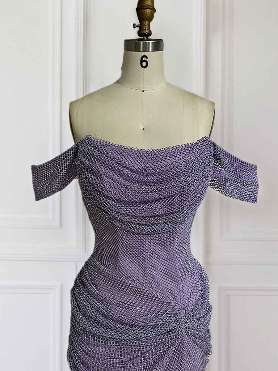 Lavender Off The Shoulder Shimmer Ruched Prom Dress With Slit