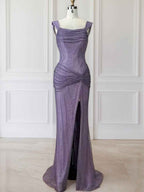 Lavender Off The Shoulder Shimmer Ruched Prom Dress With Slit